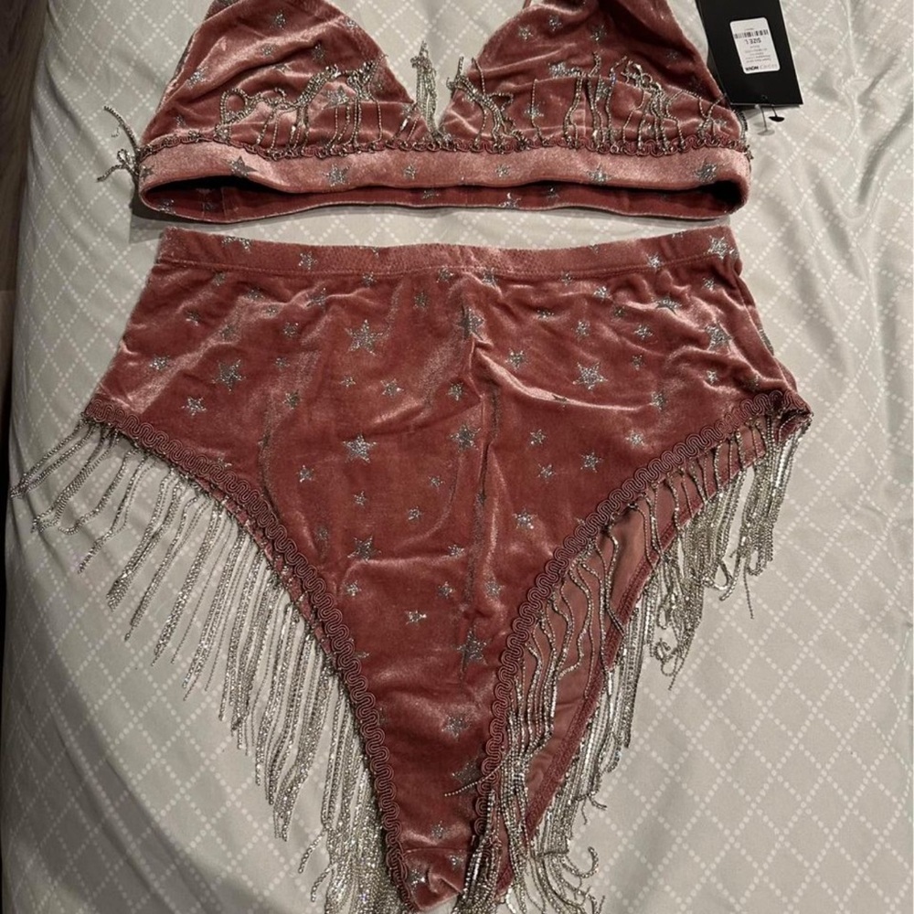 Pink Velvet & Rhinestone Fringe Set - Picture 4 of 4